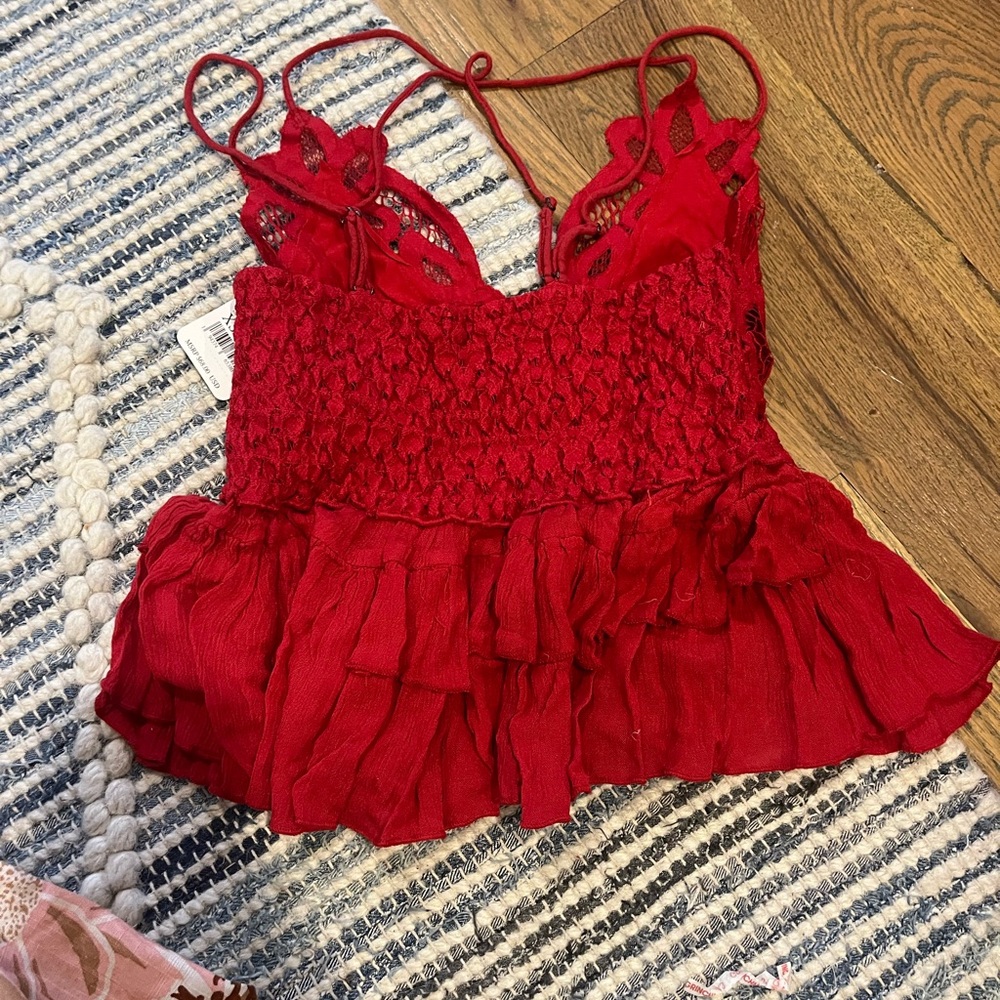 ADELLA V-Neck Sleeveless Lace Smocked Back Cotton Blend Ruffle Layered C… - Picture 3 of 10